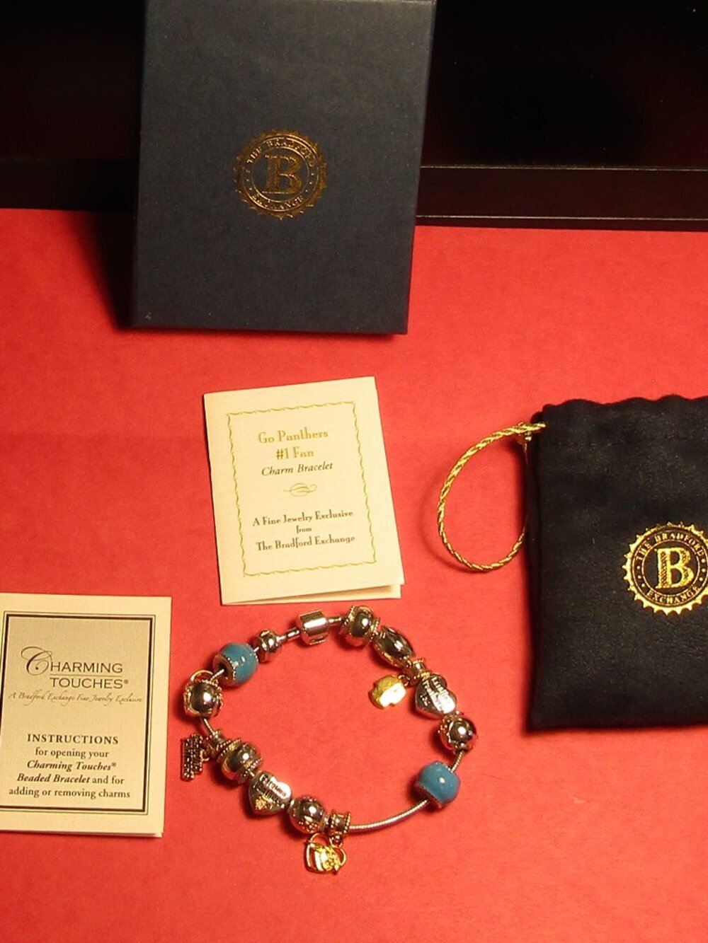 24K GP NIB CAROLINA PANTHERS FOOTBALL Charm Bracelet Bradford Exchange Swarovski